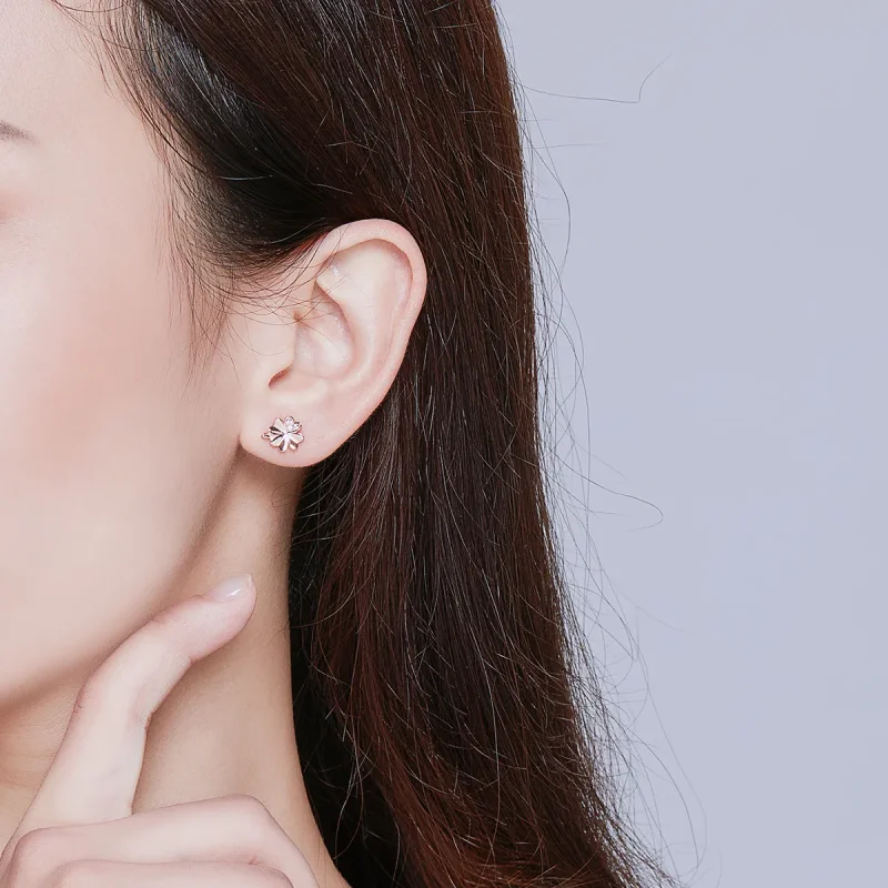 (image for) Pandora Style Rose Gold Clover Stud Earrings - BSE233 - View 6