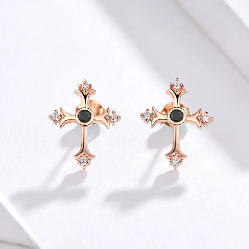 (image for) Pandora Style Rose Gold Cross Stud Earrings - SCE613 - View 2