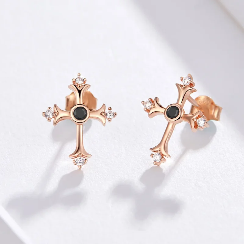 (image for) Pandora Style Rose Gold Cross Stud Earrings - SCE613 - View 3