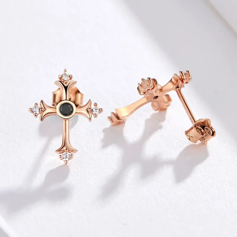 (image for) Pandora Style Rose Gold Cross Stud Earrings - SCE613 - View 4