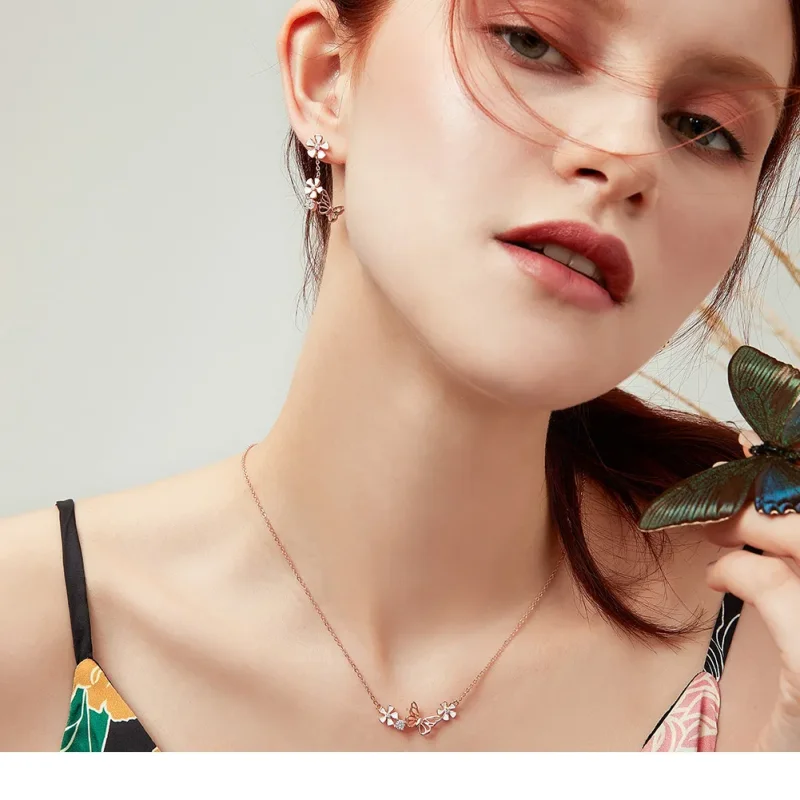 (image for) Pandora Style Rose Gold Dancing Butterfly Dangle Earrings - BSE100 - View 6