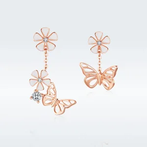 (image for) Pandora Style Rose Gold Dancing Butterfly Dangle Earrings - BSE100