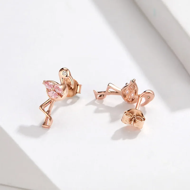 (image for) Pandora Style Rose Gold Flamingos Stud Earrings - BSE120 - View 2