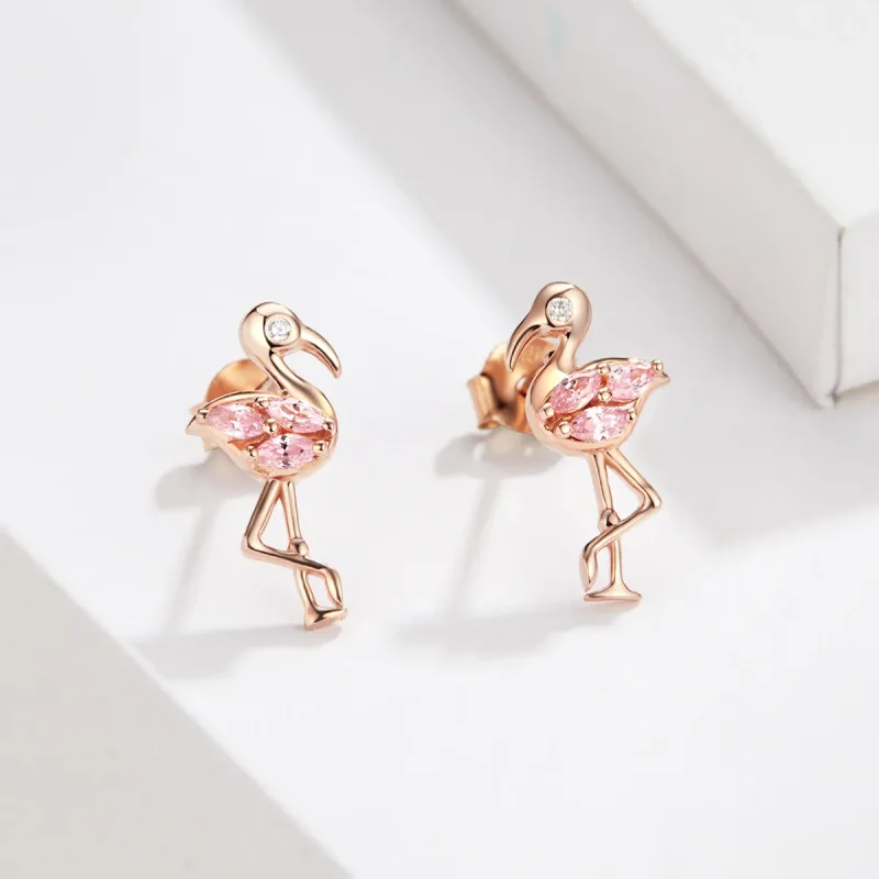 (image for) Pandora Style Rose Gold Flamingos Stud Earrings - BSE120 - View 4