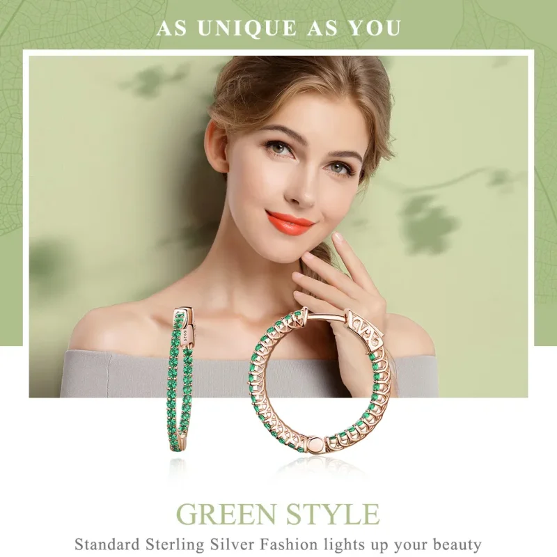 (image for) Pandora Style Rose Gold Green CZ Hoop Earrings - SCE511 - View 2