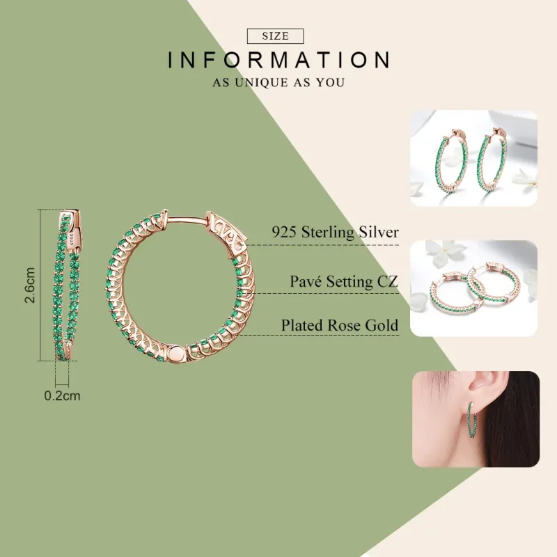 (image for) Pandora Style Rose Gold Green CZ Hoop Earrings - SCE511 - View 3