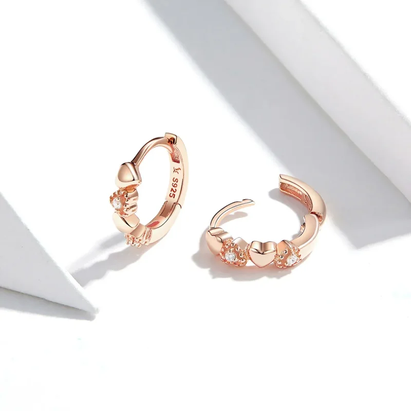 (image for) Pandora Style Rose Gold Hearts Dating Hoop Earrings - SCE445-C - View 2