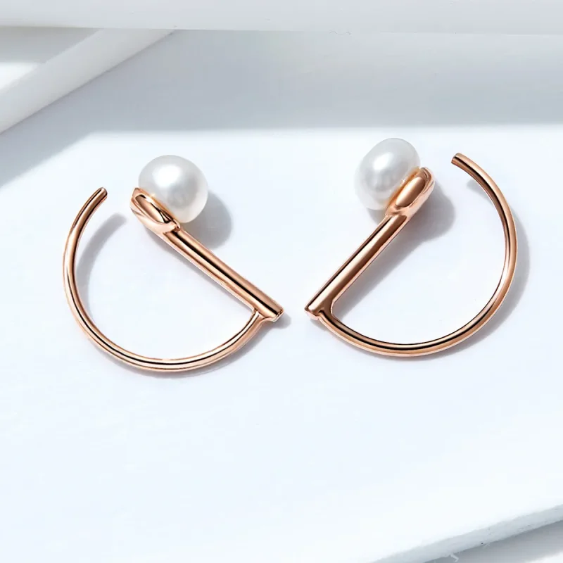 (image for) Pandora Style Rose Gold Pearl Hanging Earrings - SCE604 - View 2