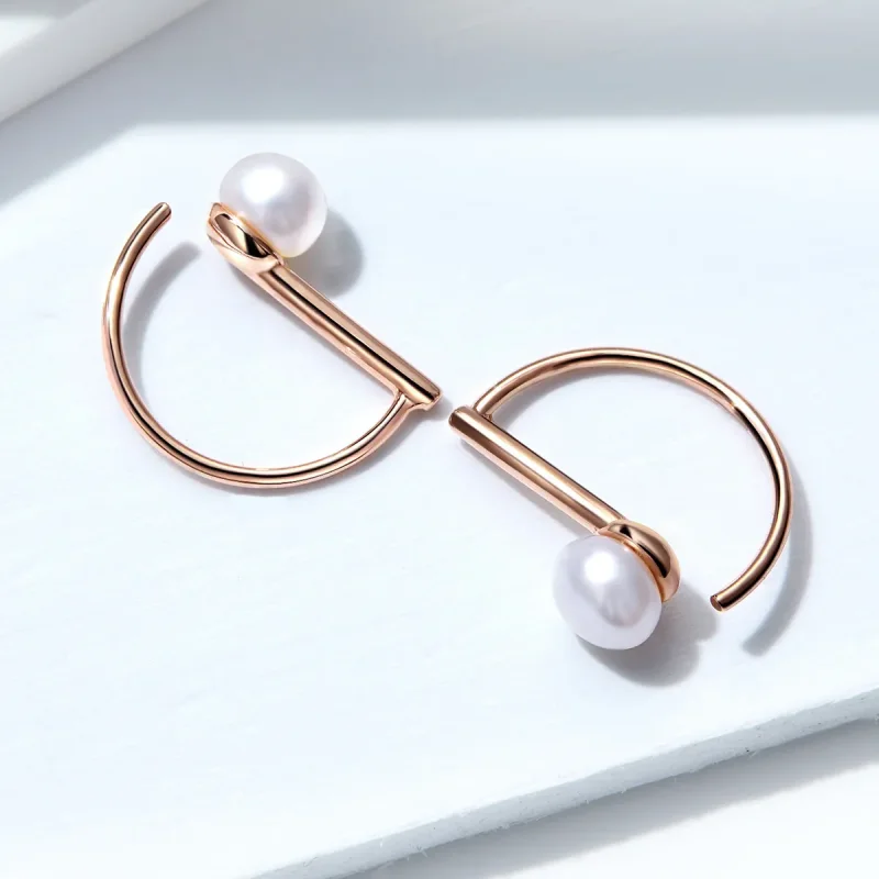(image for) Pandora Style Rose Gold Pearl Hanging Earrings - SCE604 - View 3