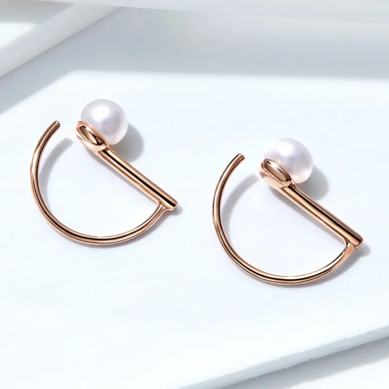 (image for) Pandora Style Rose Gold Pearl Hanging Earrings - SCE604 - View 4
