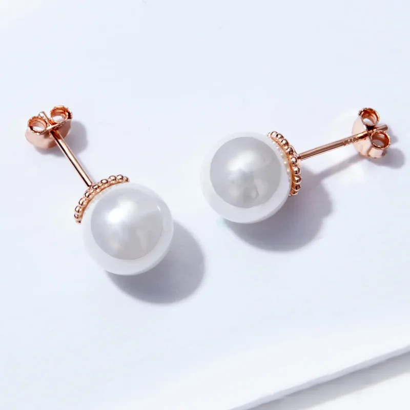 (image for) Pandora Style Rose Gold Pearl Stud Earrings - SCE609 - View 3