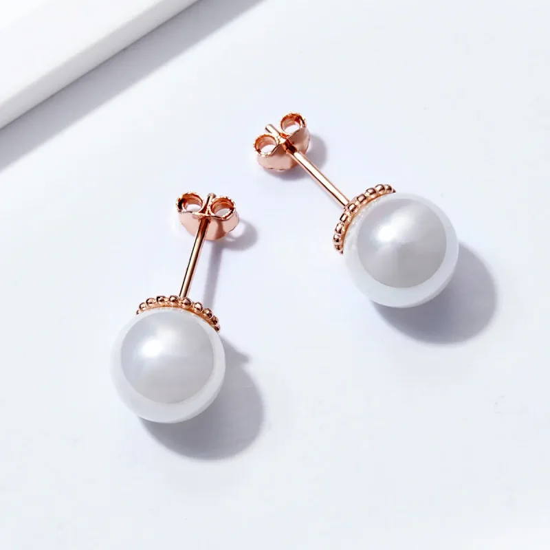 (image for) Pandora Style Rose Gold Pearl Stud Earrings - SCE609 - View 4