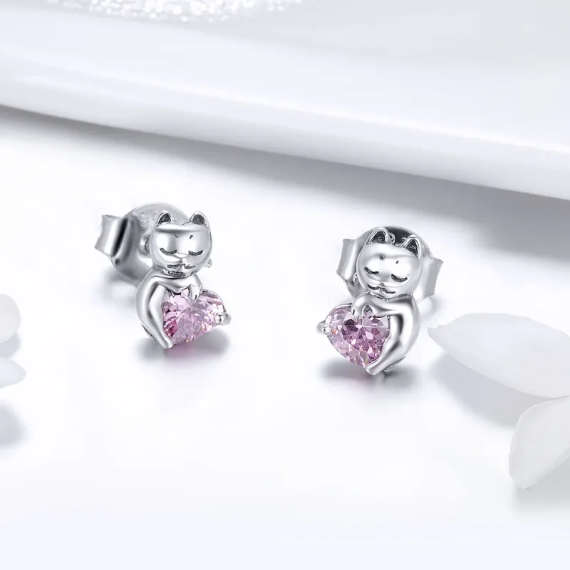 (image for) Pandora Style Silver Adorable Cat Stud Earrings - SCE453 - View 2