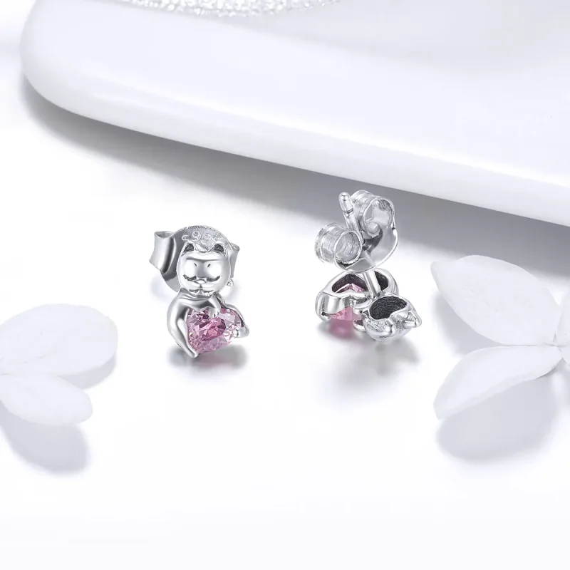 (image for) Pandora Style Silver Adorable Cat Stud Earrings - SCE453 - View 3