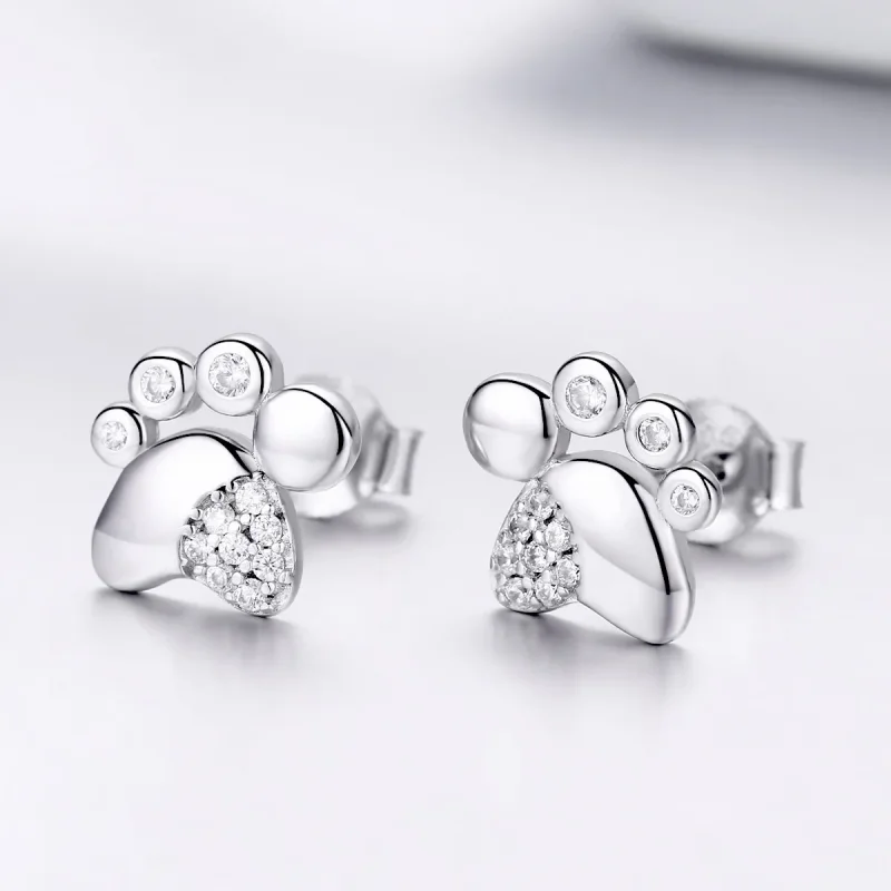 (image for) Pandora Style Silver Anti-Allergy Cute Kitten Footprints Stud Earrings - BSE033 - View 2
