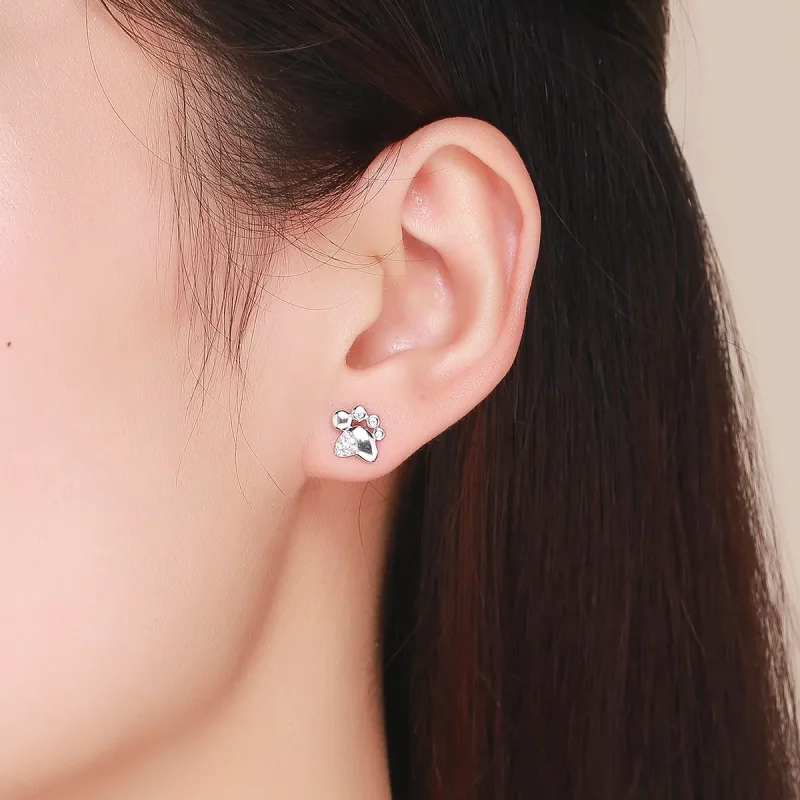 (image for) Pandora Style Silver Anti-Allergy Cute Kitten Footprints Stud Earrings - BSE033 - View 5