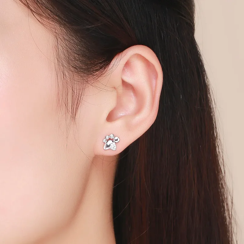 (image for) Pandora Style Silver Anti-Allergy Cute Kitten Footprints Stud Earrings - BSE033 - View 6