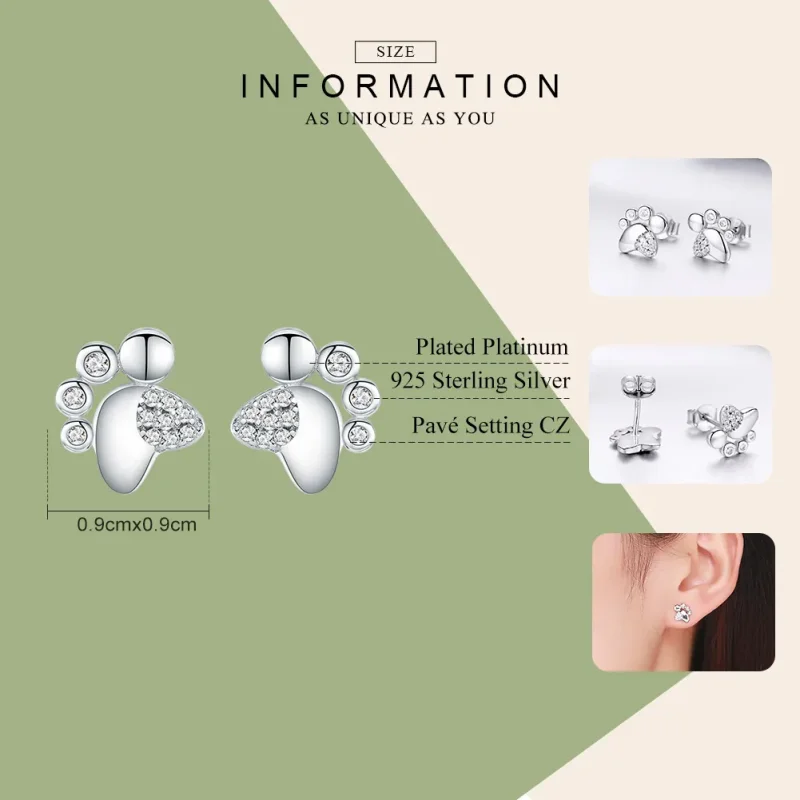 (image for) Pandora Style Silver Anti-Allergy Cute Kitten Footprints Stud Earrings - BSE033 - View 7