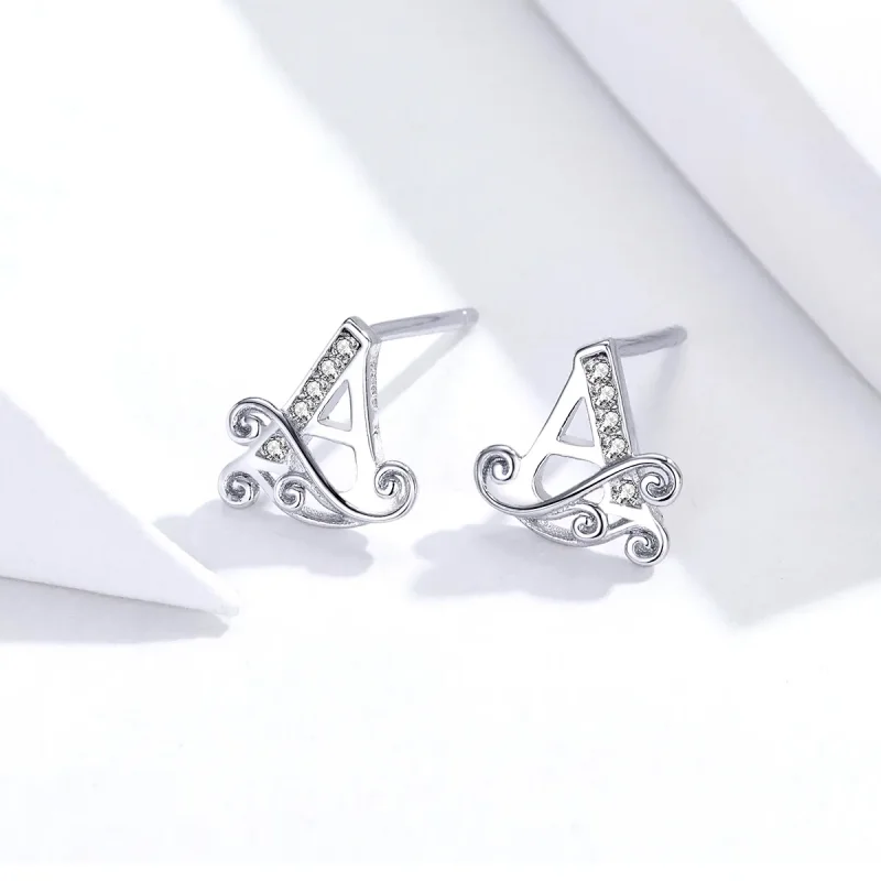 (image for) Pandora Style Silver Anti-Allergy Letter A Stud Earrings - SCE714 - View 2