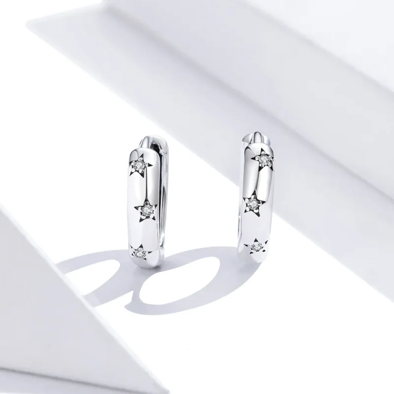 (image for) Pandora Style Silver Anti-Allergy Stars Hoop Earrings - SCE873 - View 2