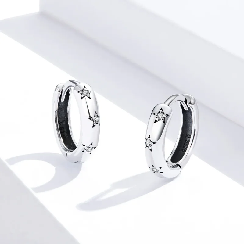 (image for) Pandora Style Silver Anti-Allergy Stars Hoop Earrings - SCE873 - View 4