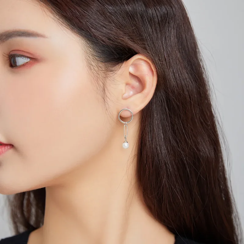 (image for) Pandora Style Silver Asymmetrical Beautiful Circle Dangle Earrings - SCE1012 - View 7