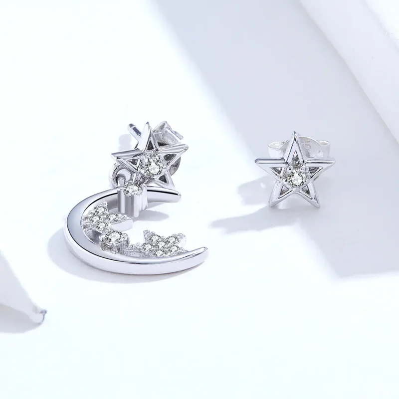 (image for) Pandora Style Silver Asymmetrical Bright Star Moon Dangle Earrings - SCE813 - View 2
