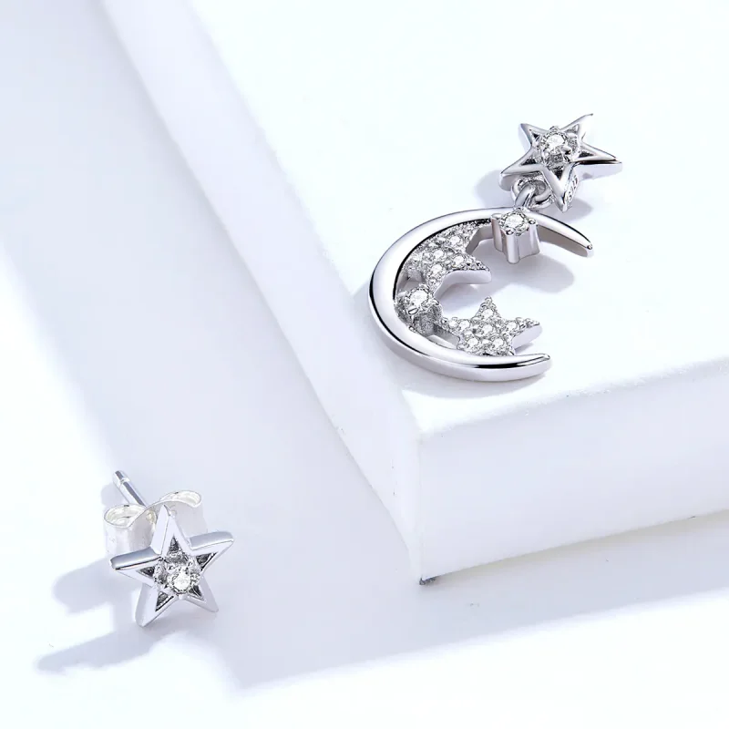 (image for) Pandora Style Silver Asymmetrical Bright Star Moon Dangle Earrings - SCE813 - View 3