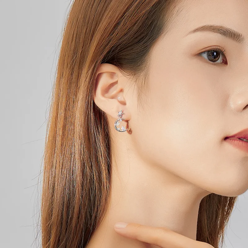 (image for) Pandora Style Silver Asymmetrical Bright Star Moon Dangle Earrings - SCE813 - View 5