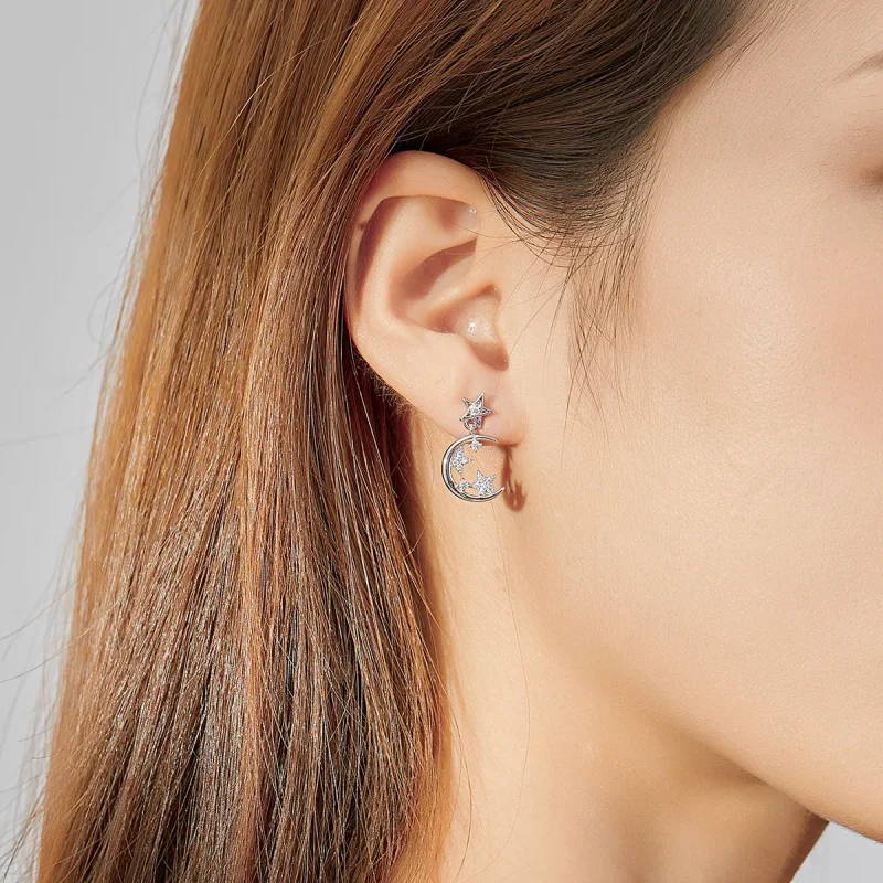 (image for) Pandora Style Silver Asymmetrical Bright Star Moon Dangle Earrings - SCE813 - View 7