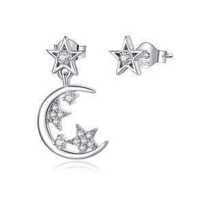 (image for) Pandora Style Silver Asymmetrical Bright Star Moon Dangle Earrings - SCE813
