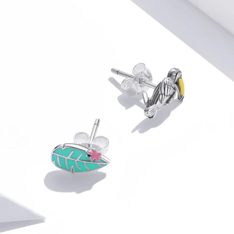 (image for) Pandora Style Silver Big Beaked Bird And Leaf Stud Earrings - SCE1083 - View 2