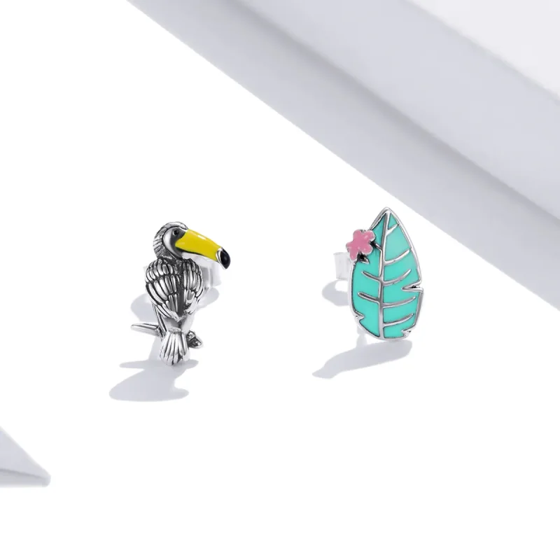 (image for) Pandora Style Silver Big Beaked Bird And Leaf Stud Earrings - SCE1083 - View 3