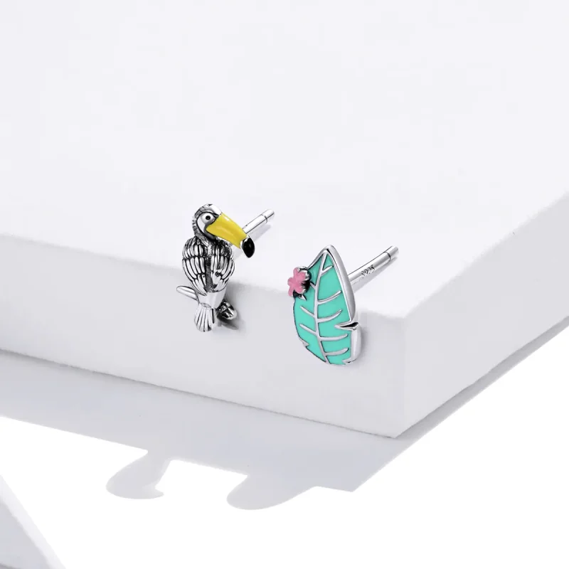 (image for) Pandora Style Silver Big Beaked Bird And Leaf Stud Earrings - SCE1083 - View 4
