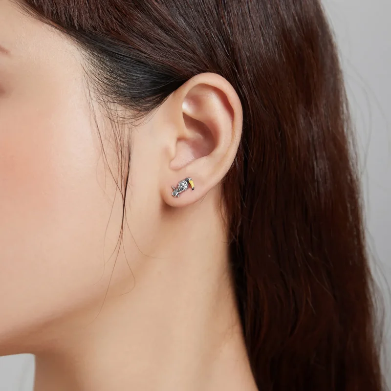 (image for) Pandora Style Silver Big Beaked Bird And Leaf Stud Earrings - SCE1083 - View 6