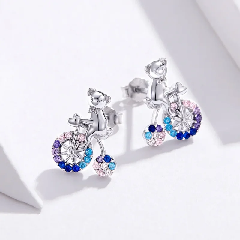 (image for) Pandora Style Silver Bike Bear Stud Earrings - SCE677 - View 2