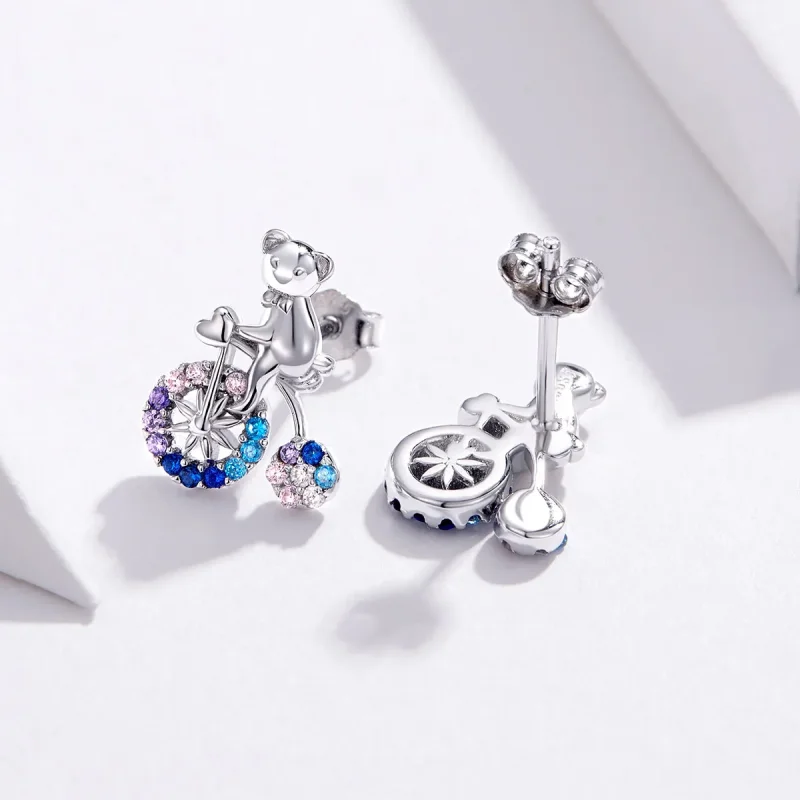 (image for) Pandora Style Silver Bike Bear Stud Earrings - SCE677 - View 3