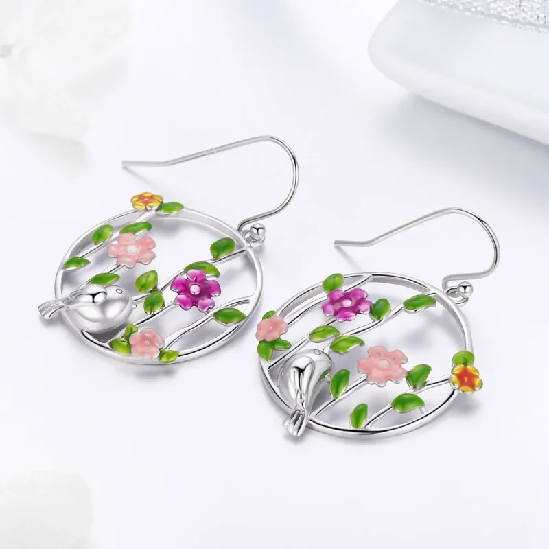 (image for) Pandora Style Silver Birds Blooms Hanging Earrings - SCE480 - View 2