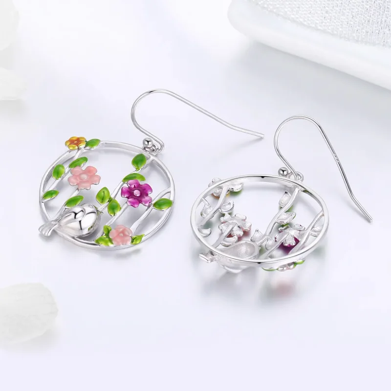(image for) Pandora Style Silver Birds Blooms Hanging Earrings - SCE480 - View 4