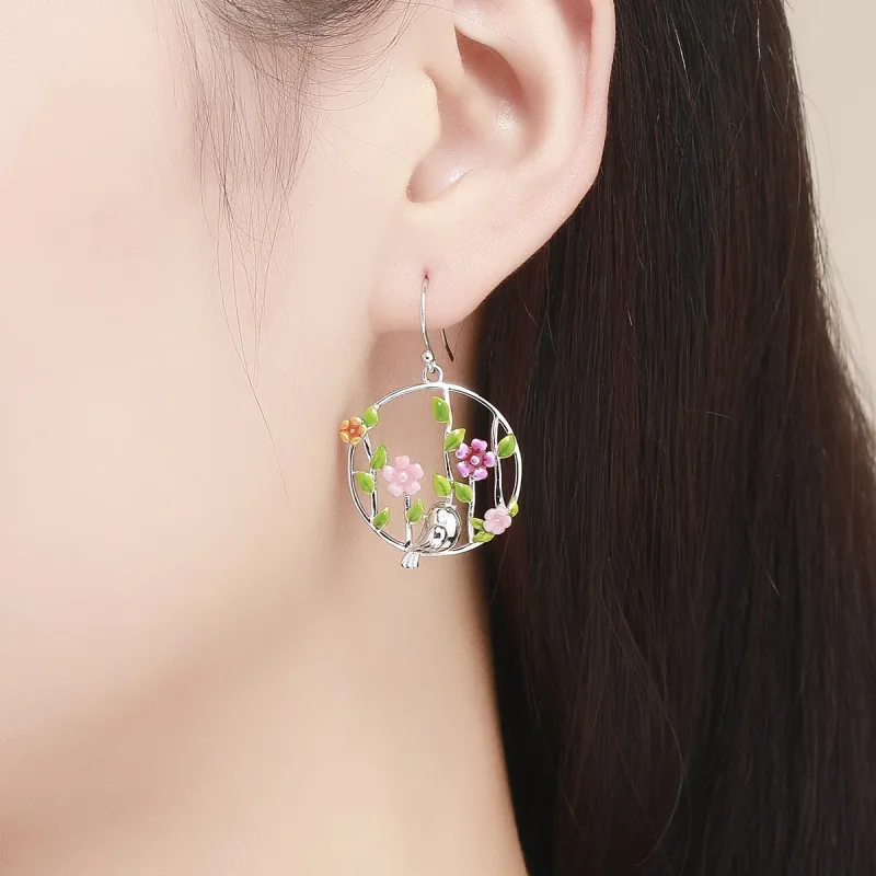 (image for) Pandora Style Silver Birds Blooms Hanging Earrings - SCE480 - View 5