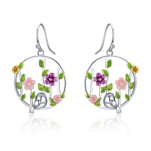 (image for) Pandora Style Silver Birds Blooms Hanging Earrings - SCE480