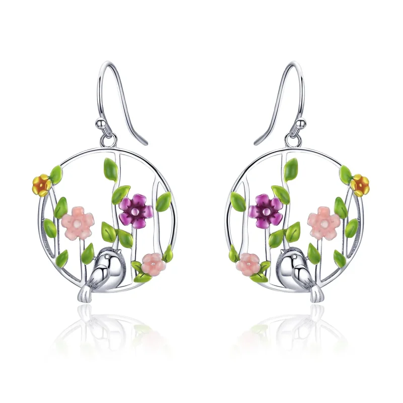 (image for) Pandora Style Silver Birds Blooms Hanging Earrings - SCE480