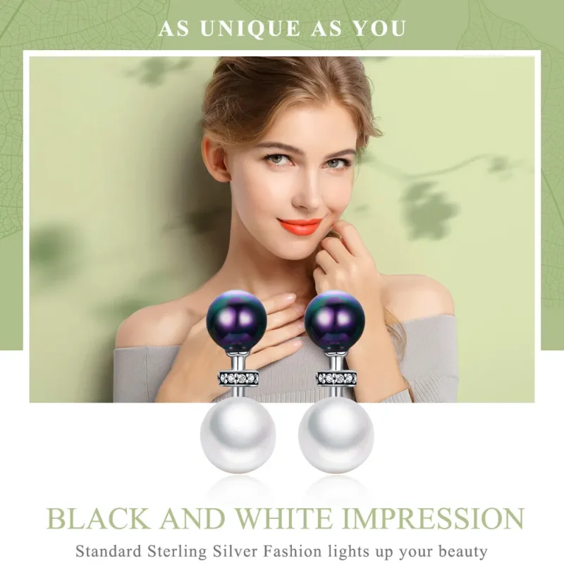 (image for) Pandora Style Silver Black and White Impression Hanging Earrings - SCE304 - View 2