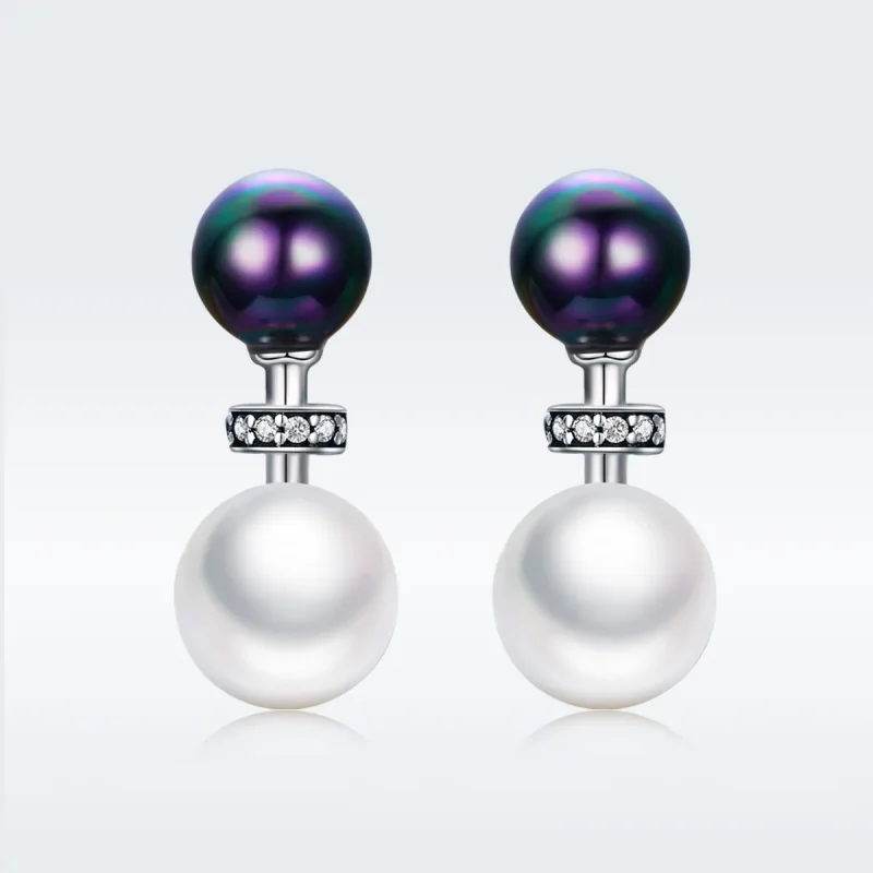(image for) Pandora Style Silver Black and White Impression Hanging Earrings - SCE304 - View 3