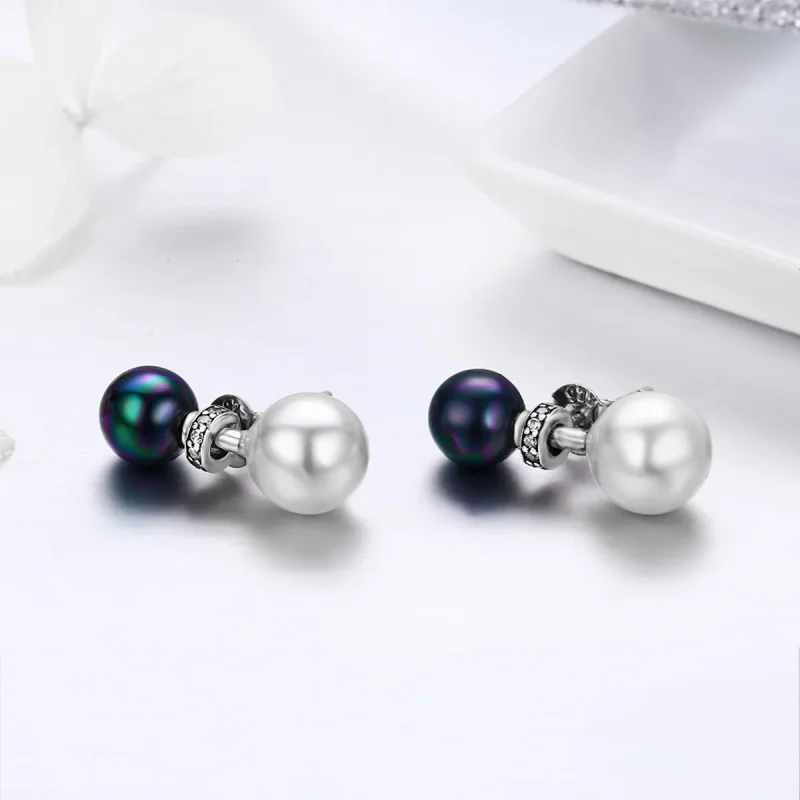(image for) Pandora Style Silver Black and White Impression Hanging Earrings - SCE304 - View 4