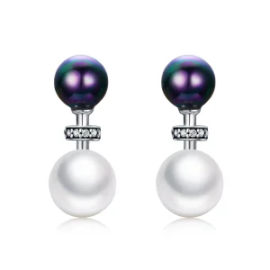 (image for) Pandora Style Silver Black and White Impression Hanging Earrings - SCE304