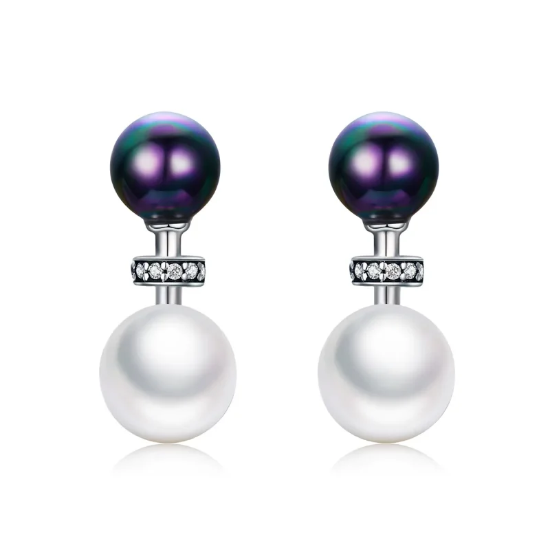 (image for) Pandora Style Silver Black and White Impression Hanging Earrings - SCE304