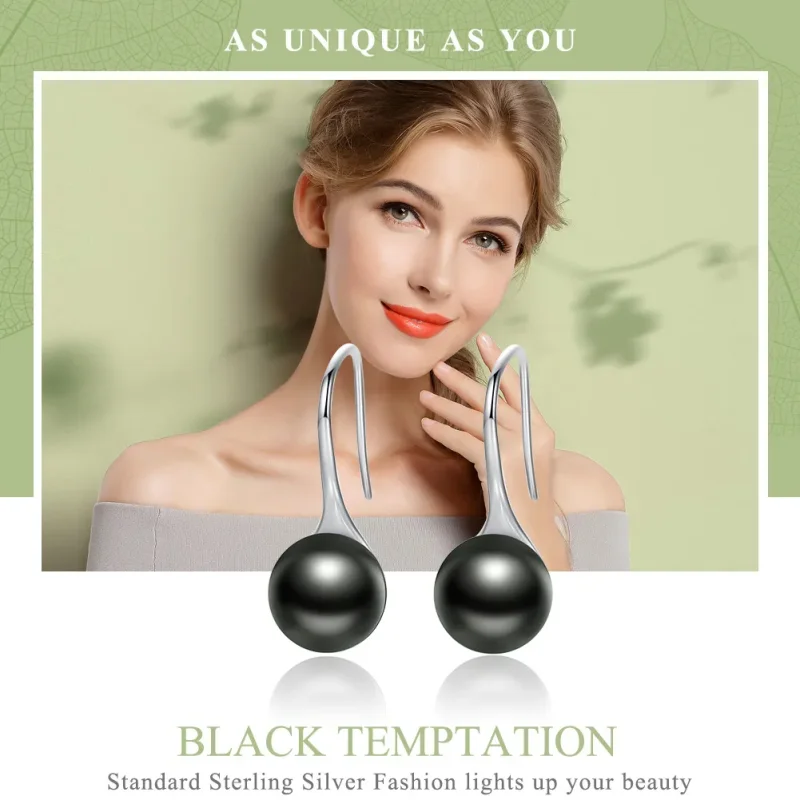 (image for) Pandora Style Silver Black Pearl Hanging Earrings - SCE144 - View 2