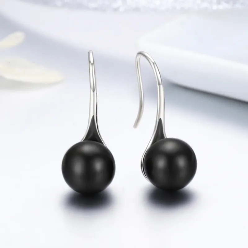 (image for) Pandora Style Silver Black Pearl Hanging Earrings - SCE144 - View 4