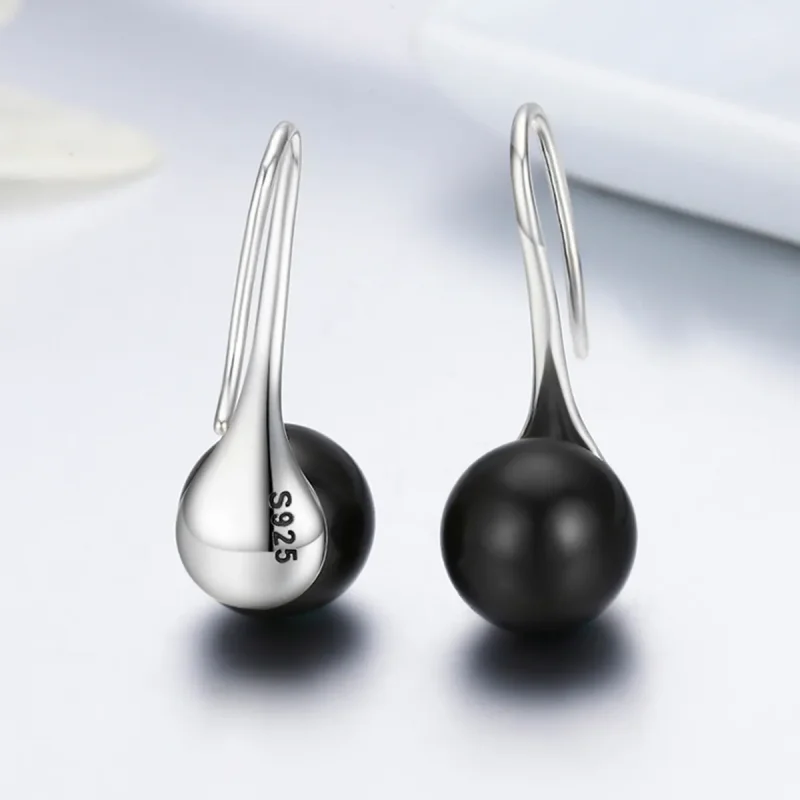(image for) Pandora Style Silver Black Pearl Hanging Earrings - SCE144 - View 5